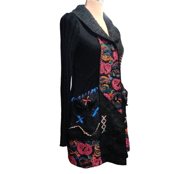 Liquid by Stone S Black Boho Knit Cardigan Jacket Colorful Embroidered Sweater - Picture 3 of 12